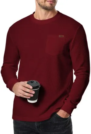 Men's Long Sleeve Shirt Casual Crewneck Lightweight Sweater Honeycomb Waffle Solid Knitted T Shirts with Pocket