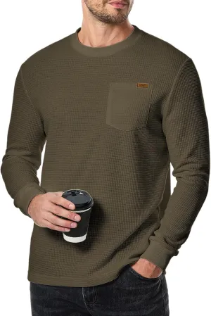 Men's Long Sleeve Shirt Casual Crewneck Lightweight Sweater Honeycomb Waffle Solid Knitted T Shirts with Pocket