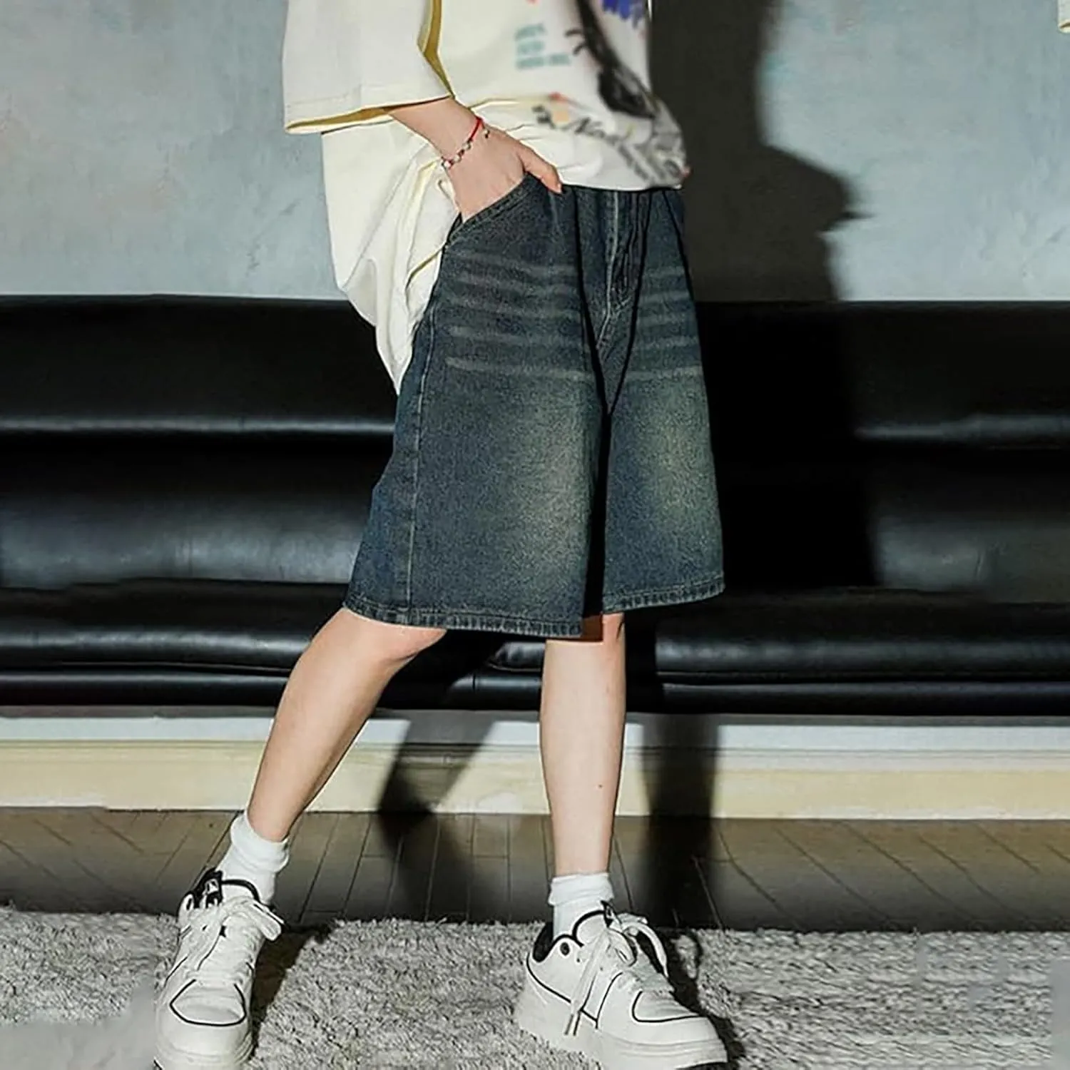 Men's Loose Y2K Hip Hop Mid Jean Shorts Baggy Denim Shorts with Pockets Skateboard Streetwear Clothes