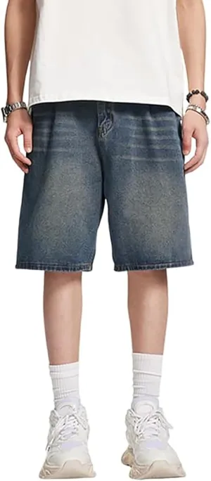 Men's Loose Y2K Hip Hop Mid Jean Shorts Baggy Denim Shorts with Pockets Skateboard Streetwear Clothes