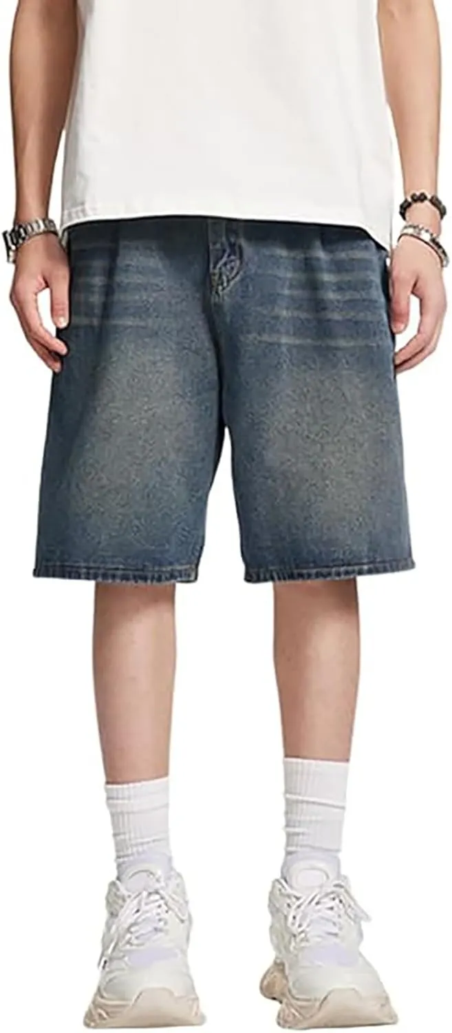 Men's Loose Y2K Hip Hop Mid Jean Shorts Baggy Denim Shorts with Pockets Skateboard Streetwear Clothes