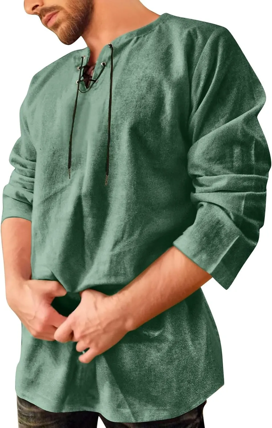 Men's Medieval Gothic Renaissance Shirts, Long Sleeve Loose Mercenary Costume, Solid Color Stand Collar Drawstring Shirt