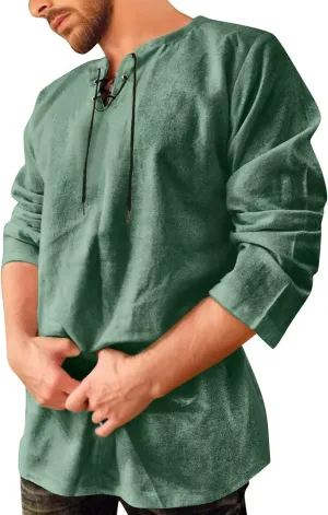 Men's Medieval Gothic Renaissance Shirts, Long Sleeve Loose Mercenary Costume, Solid Color Stand Collar Drawstring Shirt