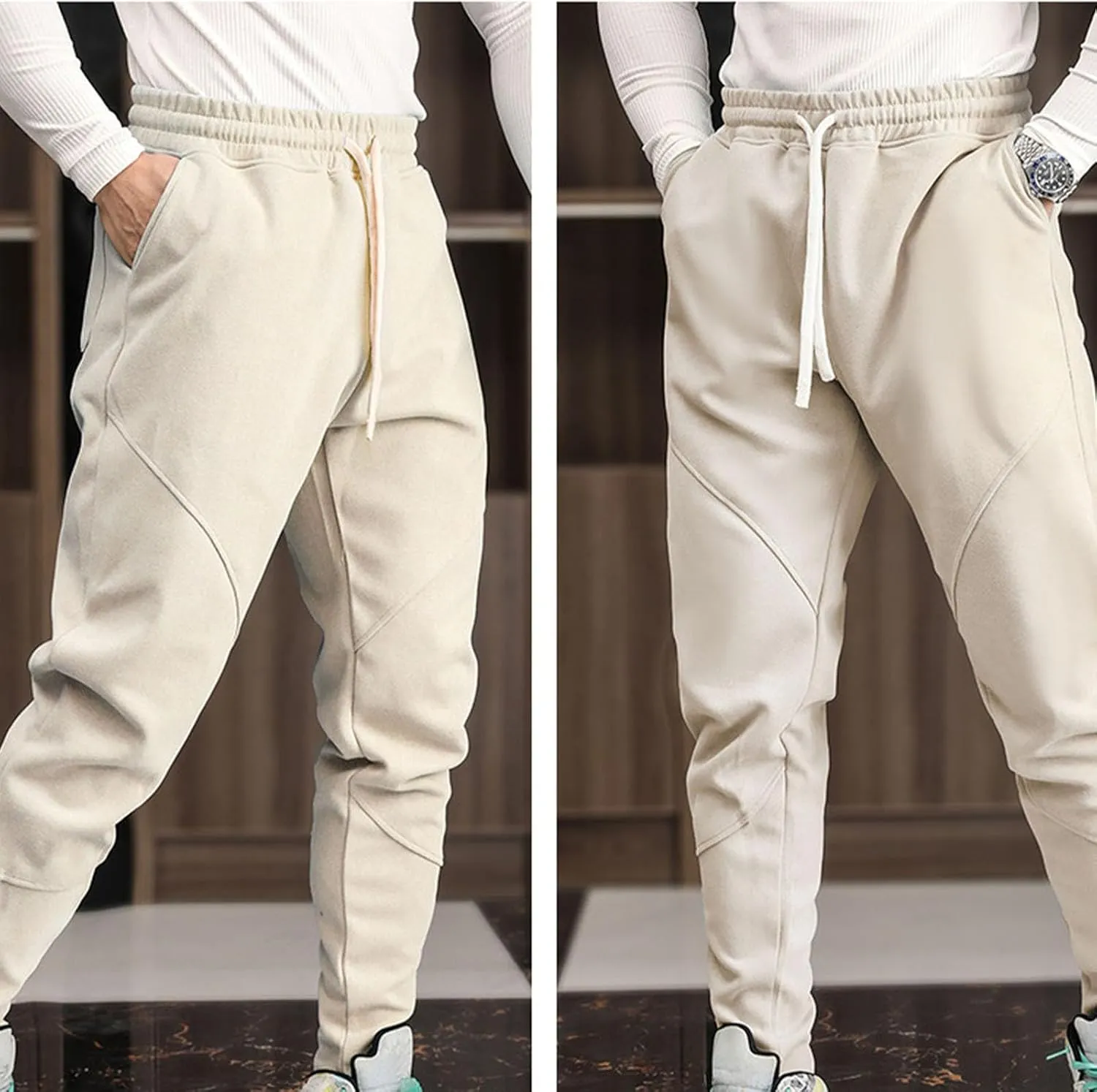 Men's Multi-Pocket Cargo Pants Drawstring Sports Jogger Elastic Waist Sweatpants Fleece Travel Trouser Comfy Pant