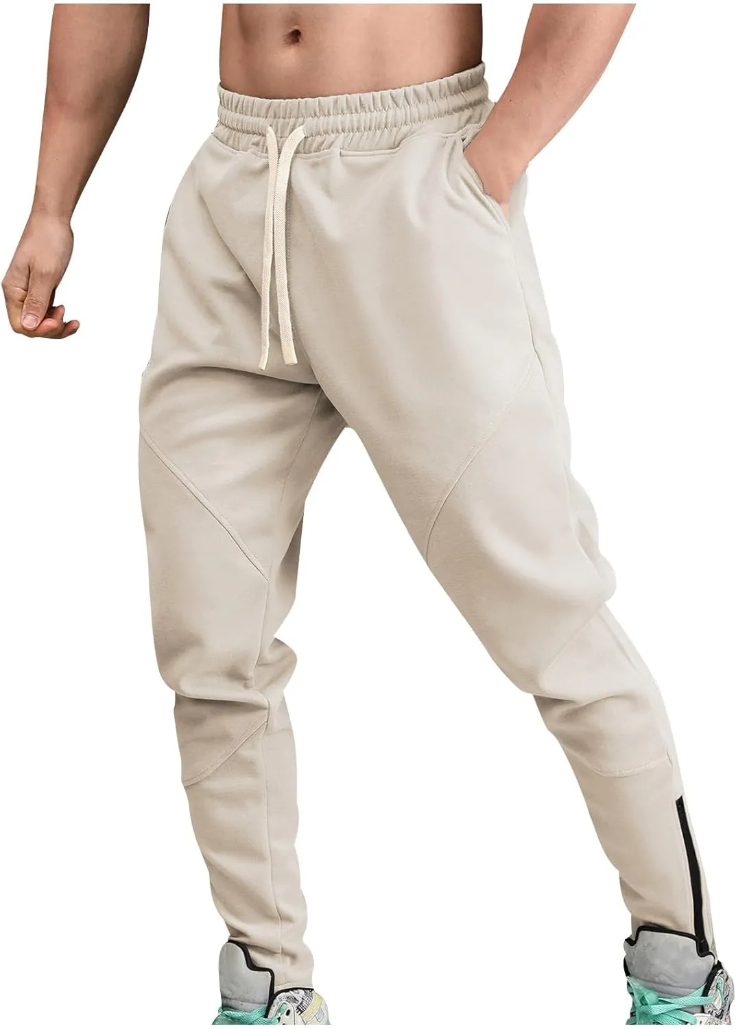 Men's Multi-Pocket Cargo Pants Drawstring Sports Jogger Elastic Waist Sweatpants Fleece Travel Trouser Comfy Pant