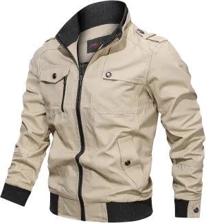 Mens Multi Pockets Tactical Jackets Military Zip Up Jackets Stand Collar Casual Loose Sports Coat Cargo Windbreaker