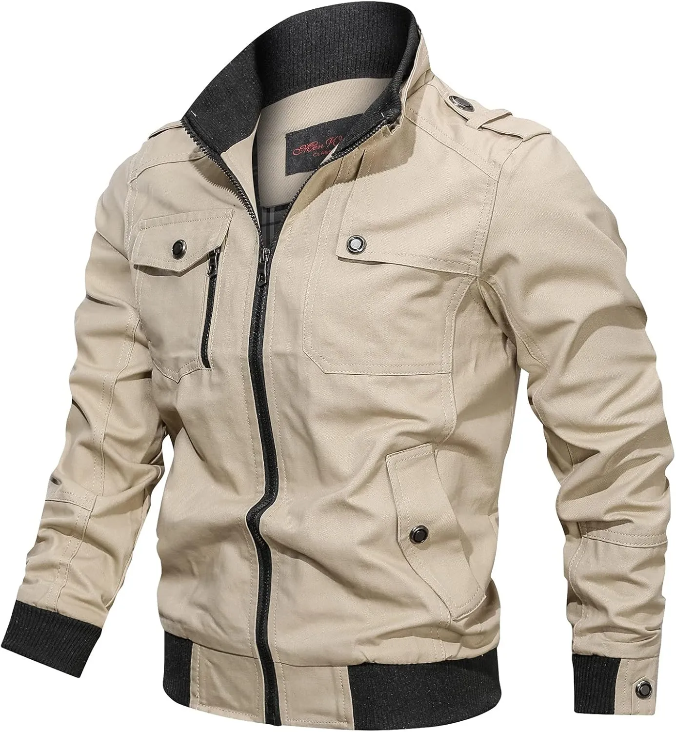Mens Multi Pockets Tactical Jackets Military Zip Up Jackets Stand Collar Casual Loose Sports Coat Cargo Windbreaker