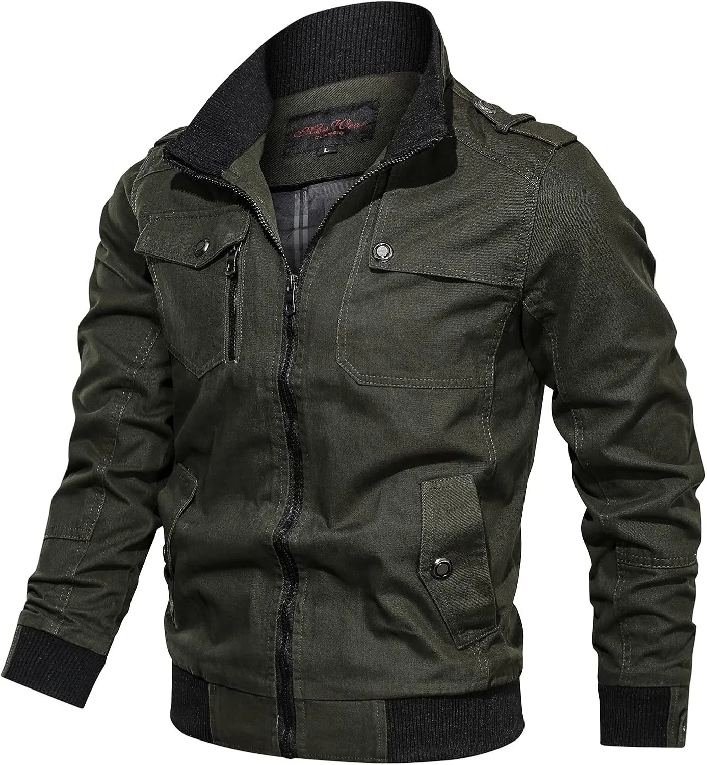 Mens Multi Pockets Tactical Jackets Military Zip Up Jackets Stand Collar Casual Loose Sports Coat Cargo Windbreaker