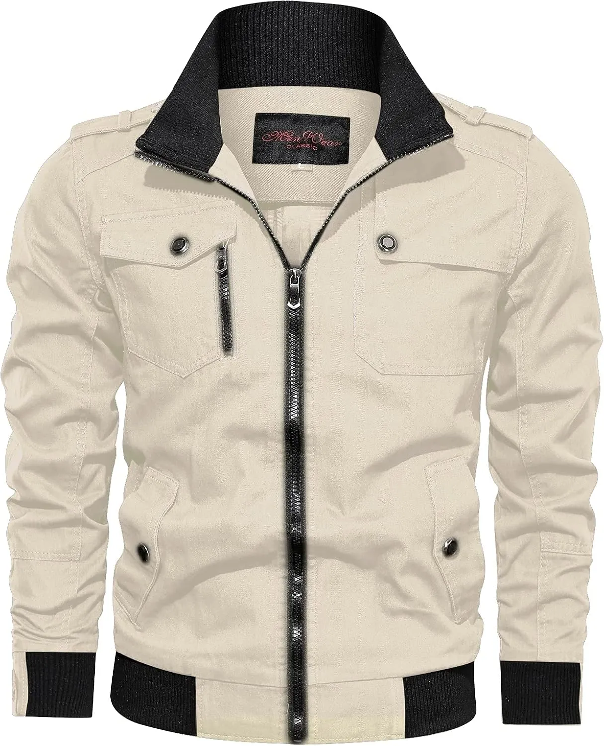 Mens Multi Pockets Tactical Jackets Military Zip Up Jackets Stand Collar Casual Loose Sports Coat Cargo Windbreaker