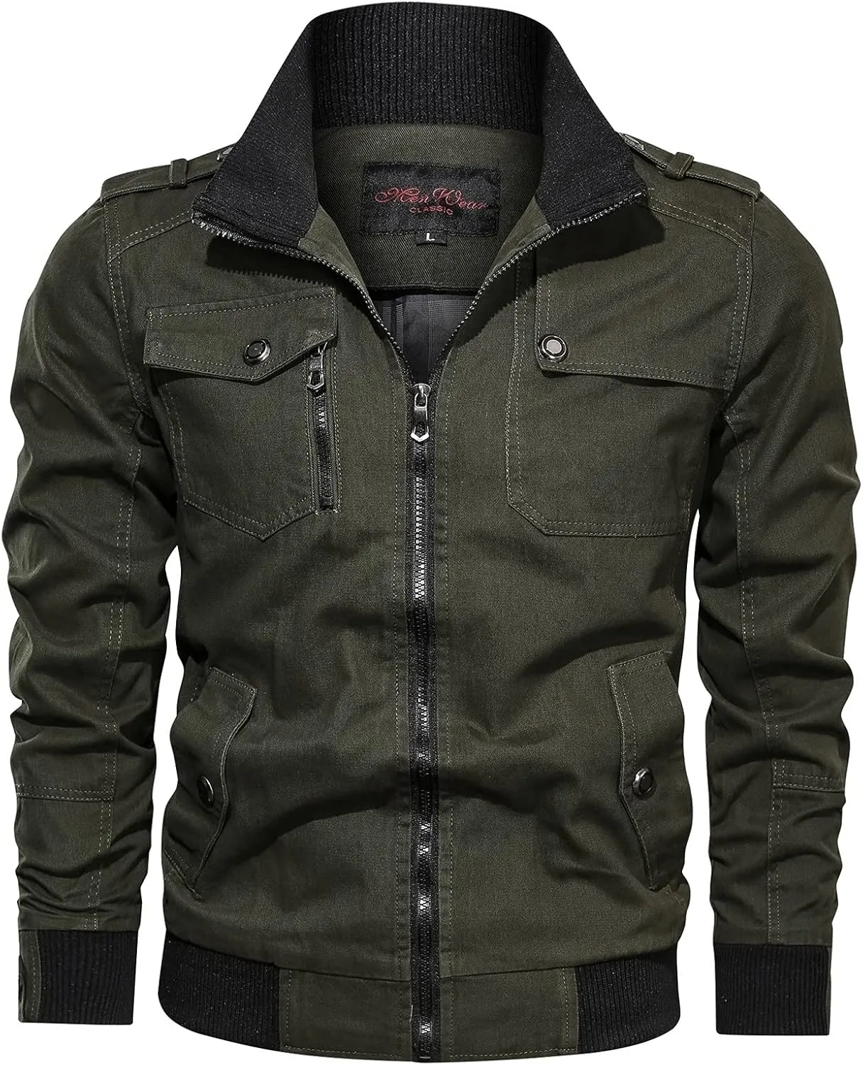 Mens Multi Pockets Tactical Jackets Military Zip Up Jackets Stand Collar Casual Loose Sports Coat Cargo Windbreaker