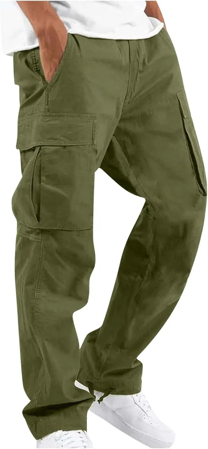 Mens Outdoor Cargo Pants Lightweight Relaxed Fit Tactical Pants Solid Camo Multi Pockets Classic Trousers