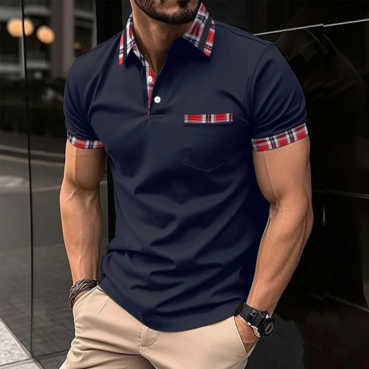 Men's Quarter Button Polo Shirts Casual Knit Short Sleeve Ribbed Polo T Shirt Classic Fit Golf Shirts Activewear Tops