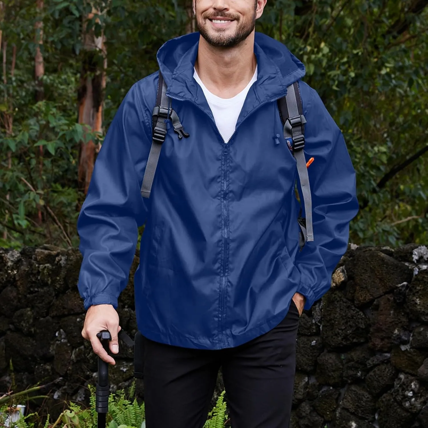 Mens Rain Jacket Packable Full-Zip Hooded Waterproof Windbreaker Lightweight Golf Outdoor Hiking Travel Cycling Coat