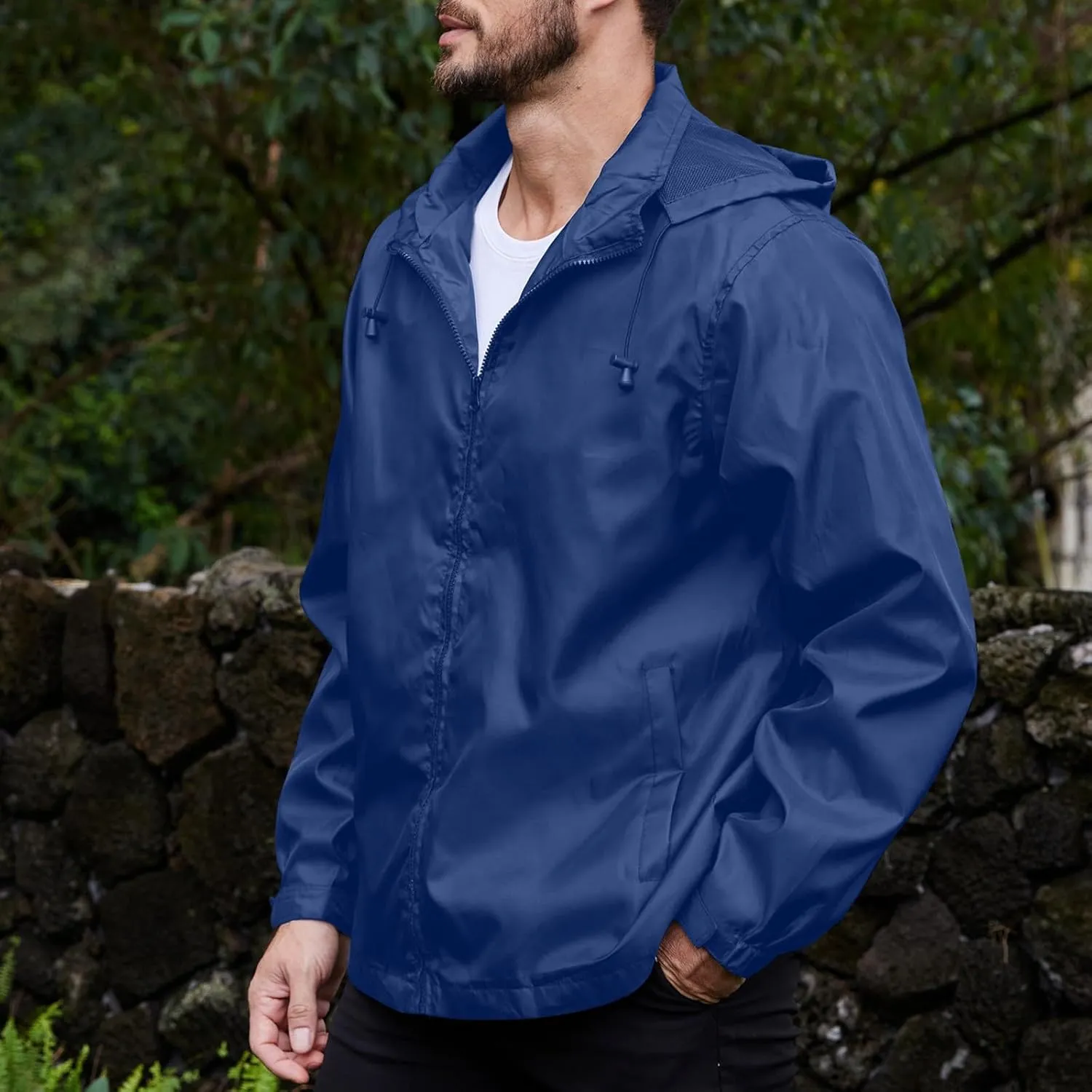Mens Rain Jacket Packable Full-Zip Hooded Waterproof Windbreaker Lightweight Golf Outdoor Hiking Travel Cycling Coat