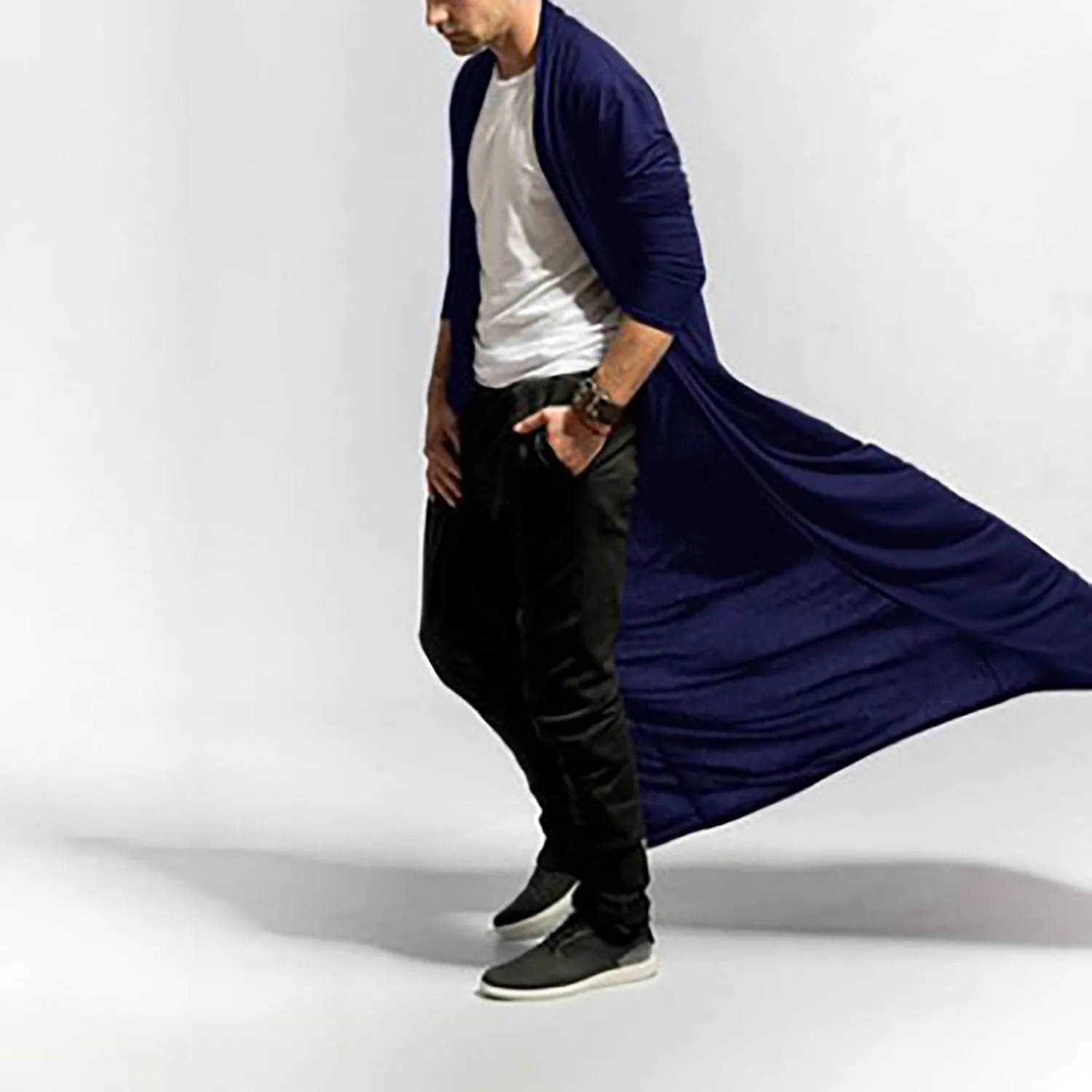 Men's Ruffle Shawl Collar Cardigan Long Length Trench Coat Lightweight Open Front Drape Cape Overcoat Big&Tall