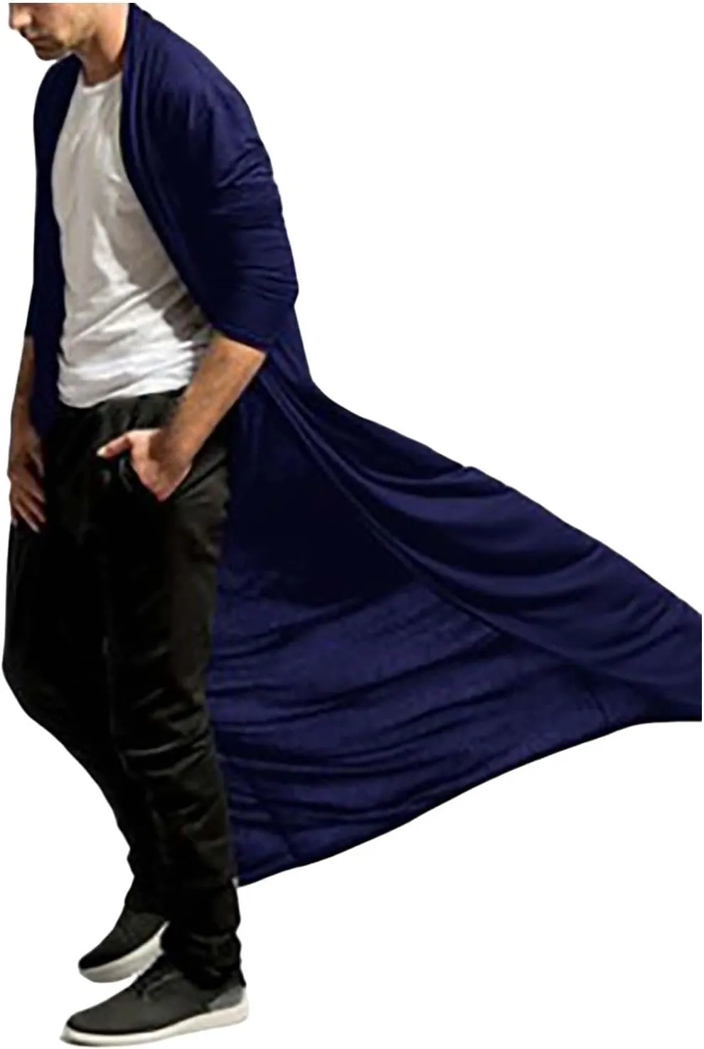 Men's Ruffle Shawl Collar Cardigan Long Length Trench Coat Lightweight Open Front Drape Cape Overcoat Big&Tall