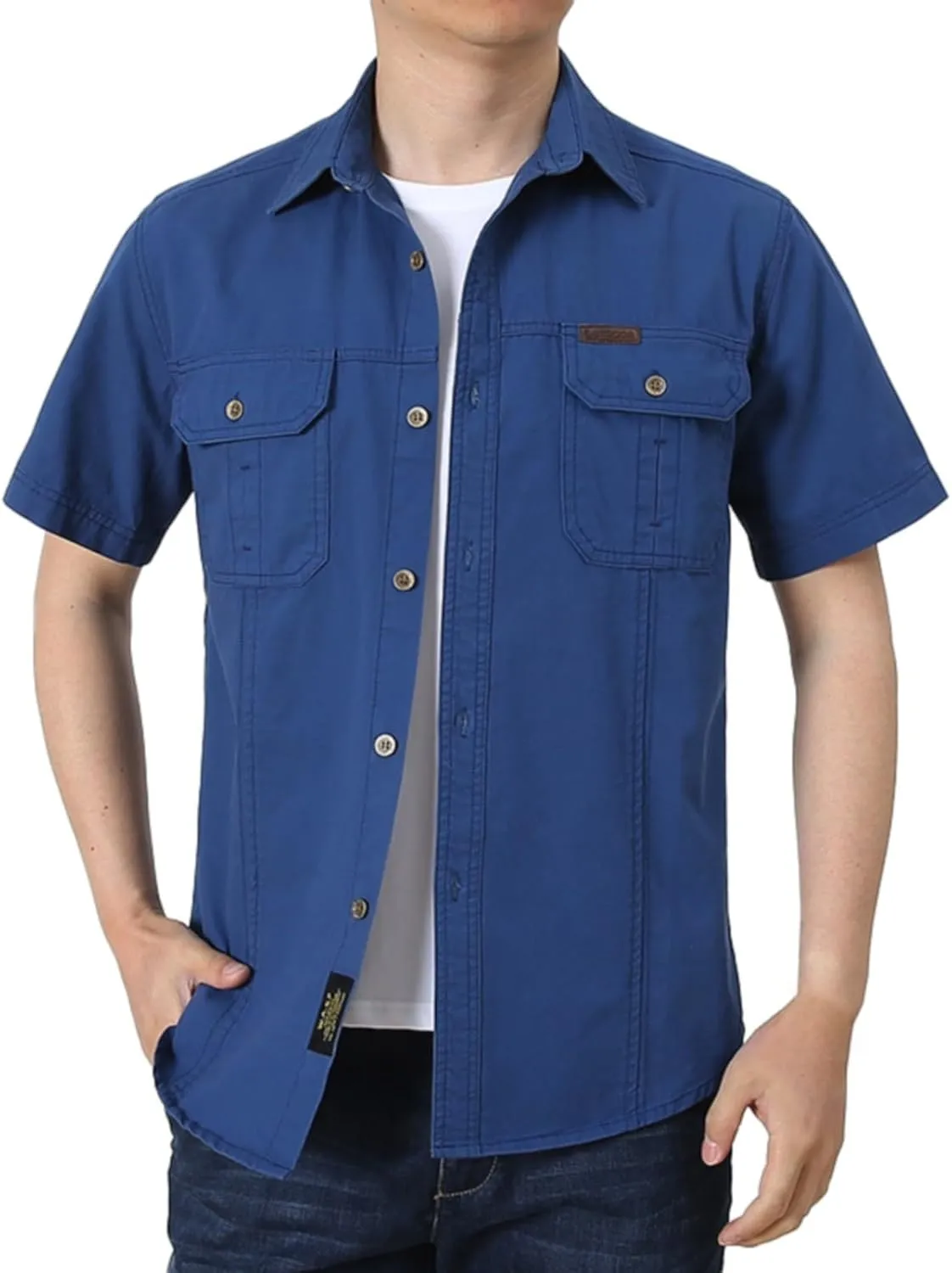 Mens Safari Shirts Cargo Work Shirt Military Tops Button Down Army Tactical Shirt Summer Outdoor Fishing Camping Tops