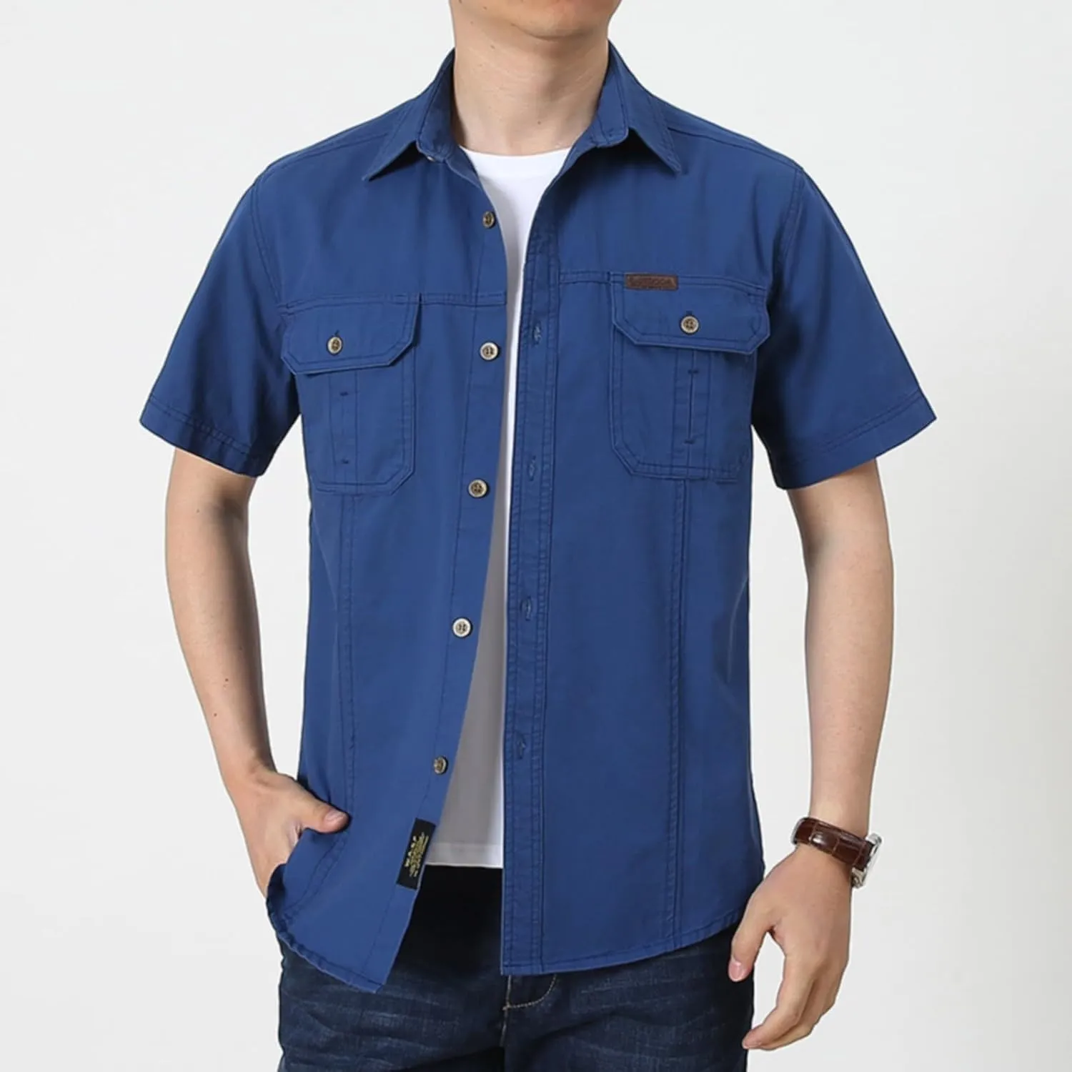 Mens Safari Shirts Cargo Work Shirt Military Tops Button Down Army Tactical Shirt Summer Outdoor Fishing Camping Tops