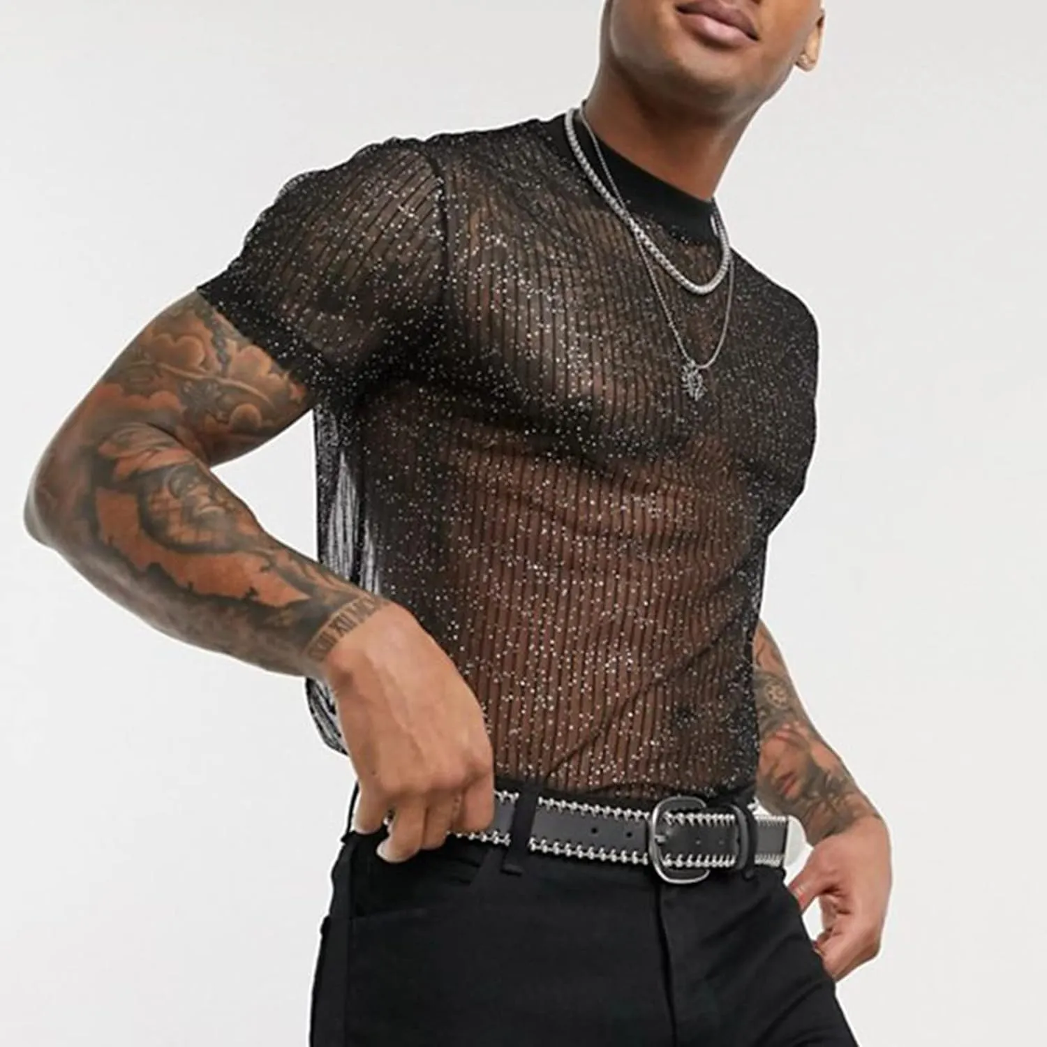 Men's Sexy Fishnet See Through Shirts Mesh Transparent Short Sleeve Mock Neck Workout Muscle T Shirt Club Party Tee Shirt