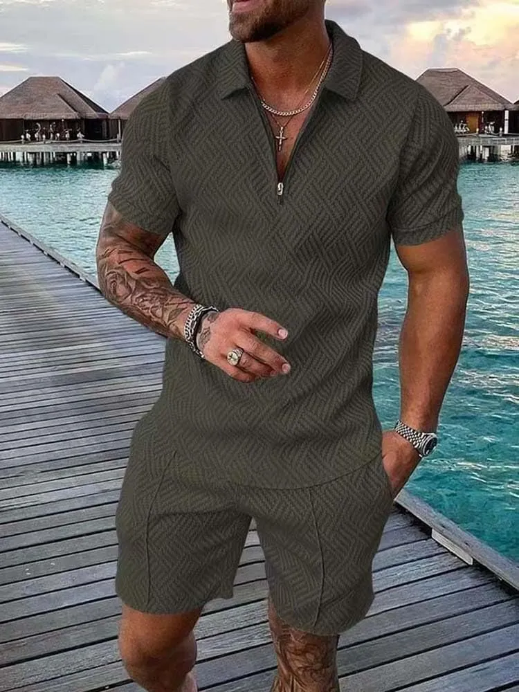 Mens Short Sets Summer 2 Piece Outfits Textured Short Sleeve Zipper Polo Shirts and Drawstring Shorts Sport Tracksuit