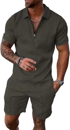 Mens Short Sets Summer 2 Piece Outfits Textured Short Sleeve Zipper Polo Shirts and Drawstring Shorts Sport Tracksuit