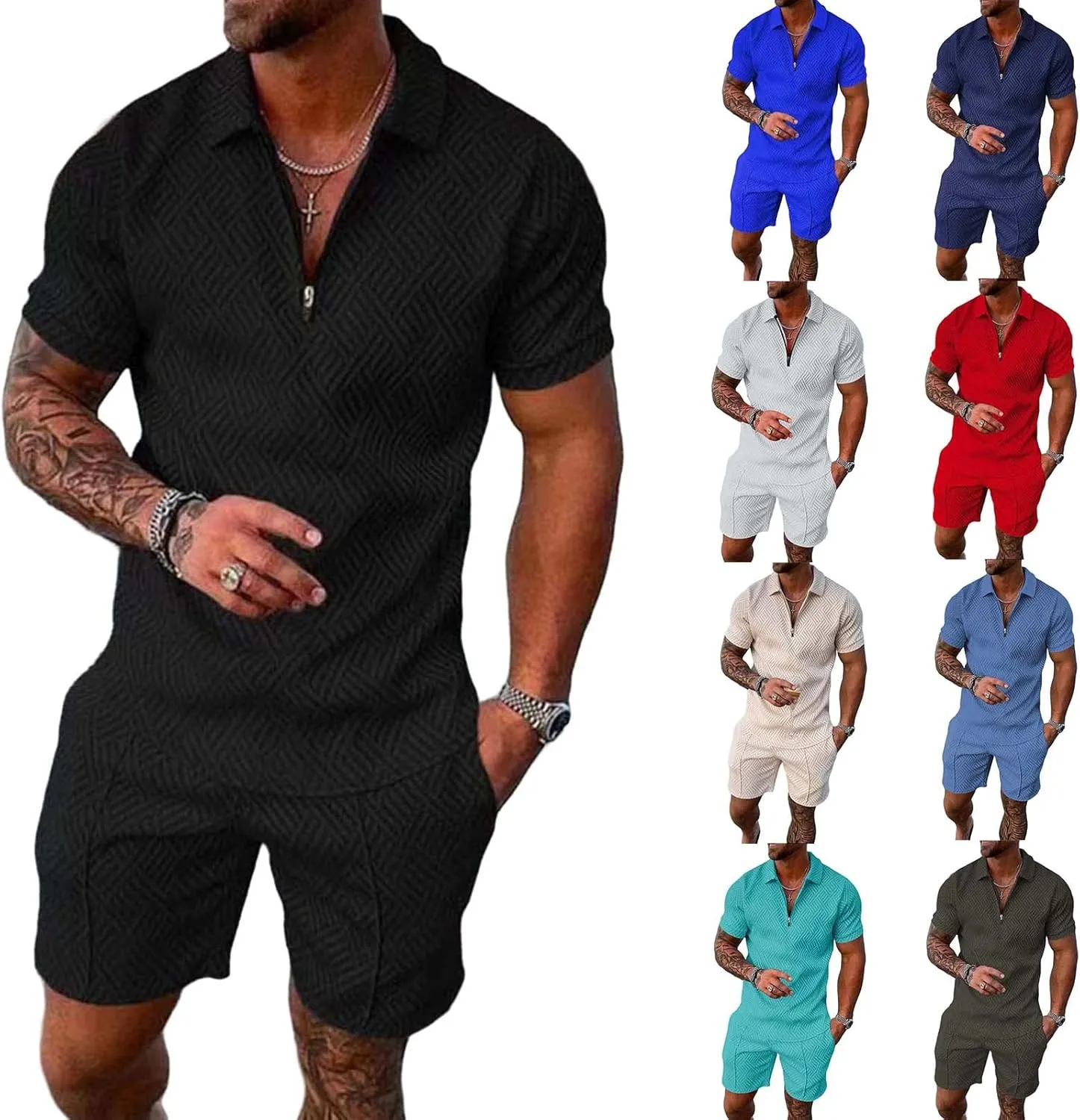 Mens Short Sets Summer 2 Piece Outfits Textured Short Sleeve Zipper Polo Shirts and Drawstring Shorts Sport Tracksuit