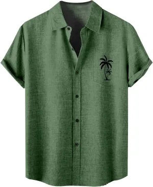Men's Short Sleeve Bowling Shirts with Pocket Summer Casual Button Down Shirt Hawaiian Palmshadow Beach Tops Outfits