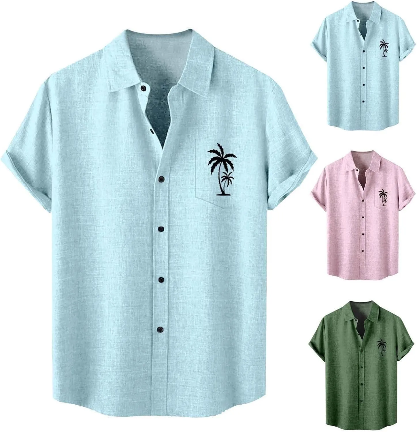 Men's Short Sleeve Bowling Shirts with Pocket Summer Casual Button Down Shirt Hawaiian Palmshadow Beach Tops Outfits