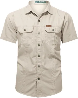 Mens Short Sleeve Cargo Work Shirt Button Down Cotton Dress Shirt Utility Outdoor Military Workout Hiking T Shirts
