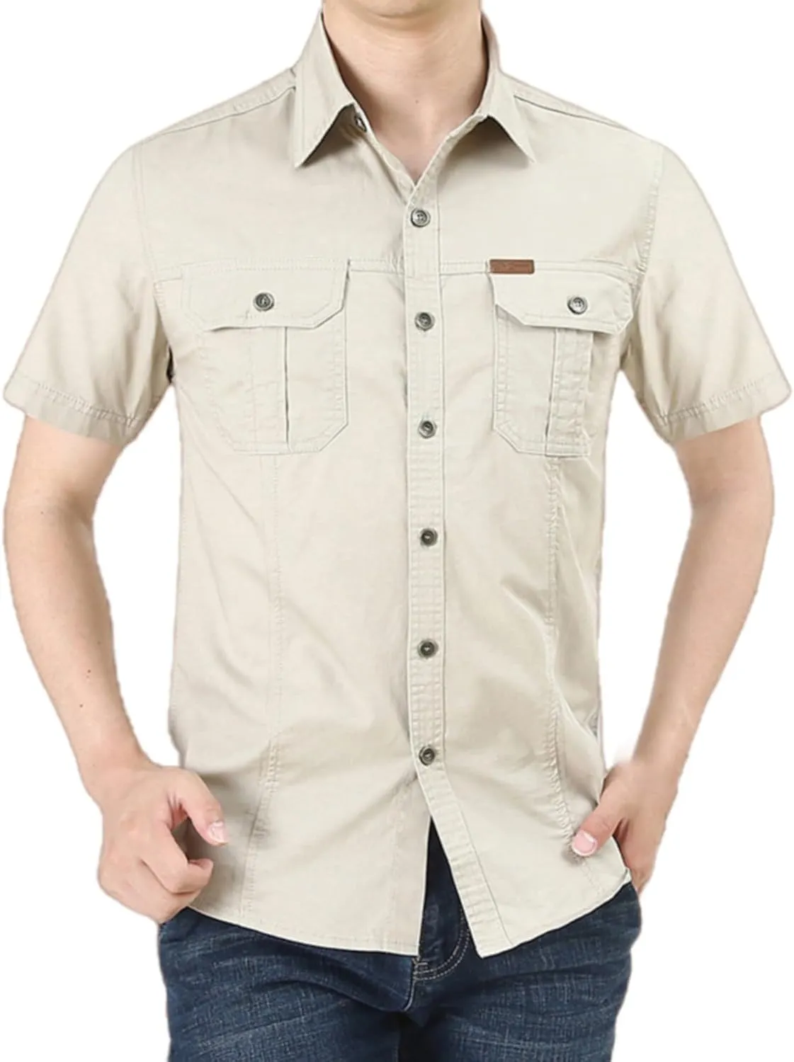 Mens Short Sleeve Cargo Work Shirt Button Down Cotton Dress Shirt Utility Outdoor Military Workout Hiking T Shirts