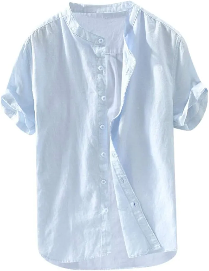 Mens Short Sleeve Linen Shirt Hippie Beach Button Down Shirts Summer Casual Slim Fit Collarless Lightweight Shirts