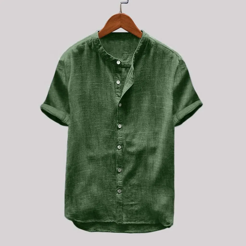 Mens Short Sleeve Linen Shirt Hippie Beach Button Down Shirts Summer Casual Slim Fit Collarless Lightweight Shirts