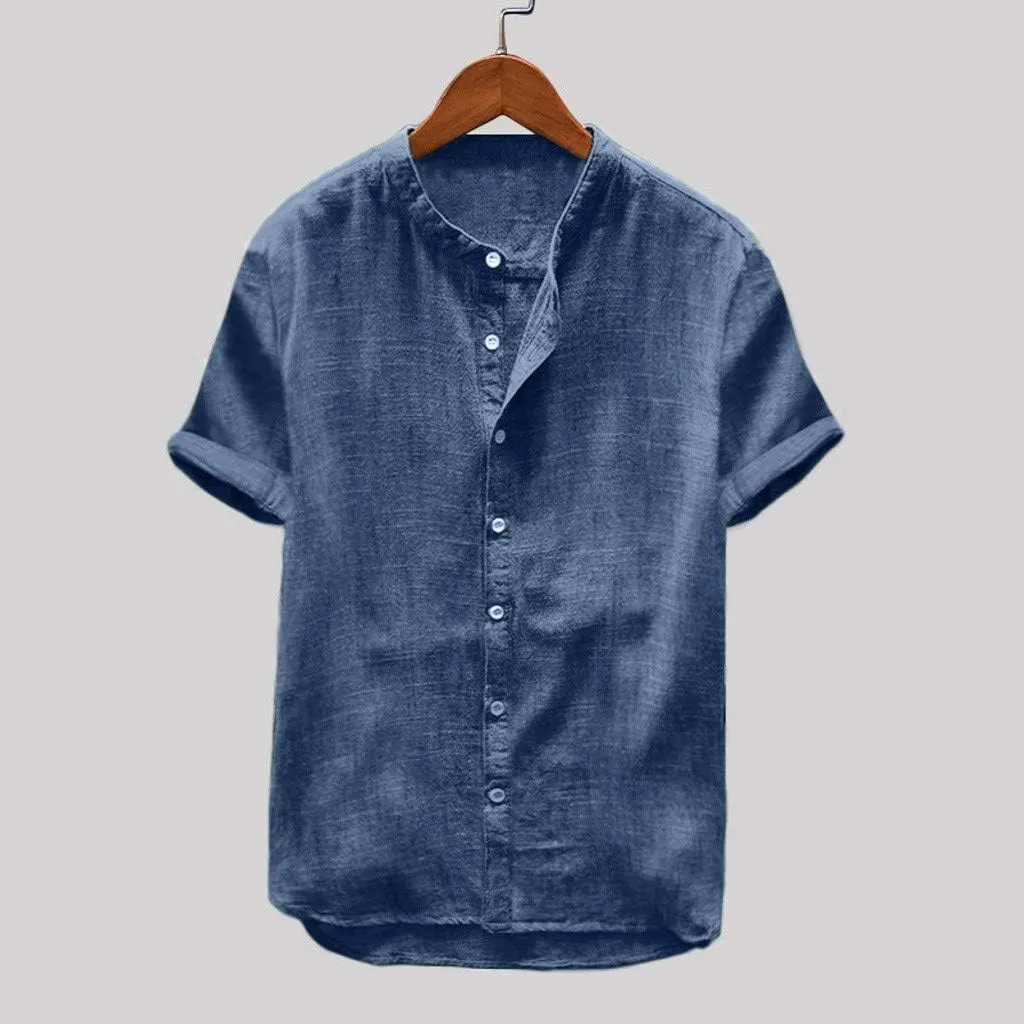 Mens Short Sleeve Linen Shirt Hippie Beach Button Down Shirts Summer Casual Slim Fit Collarless Lightweight Shirts