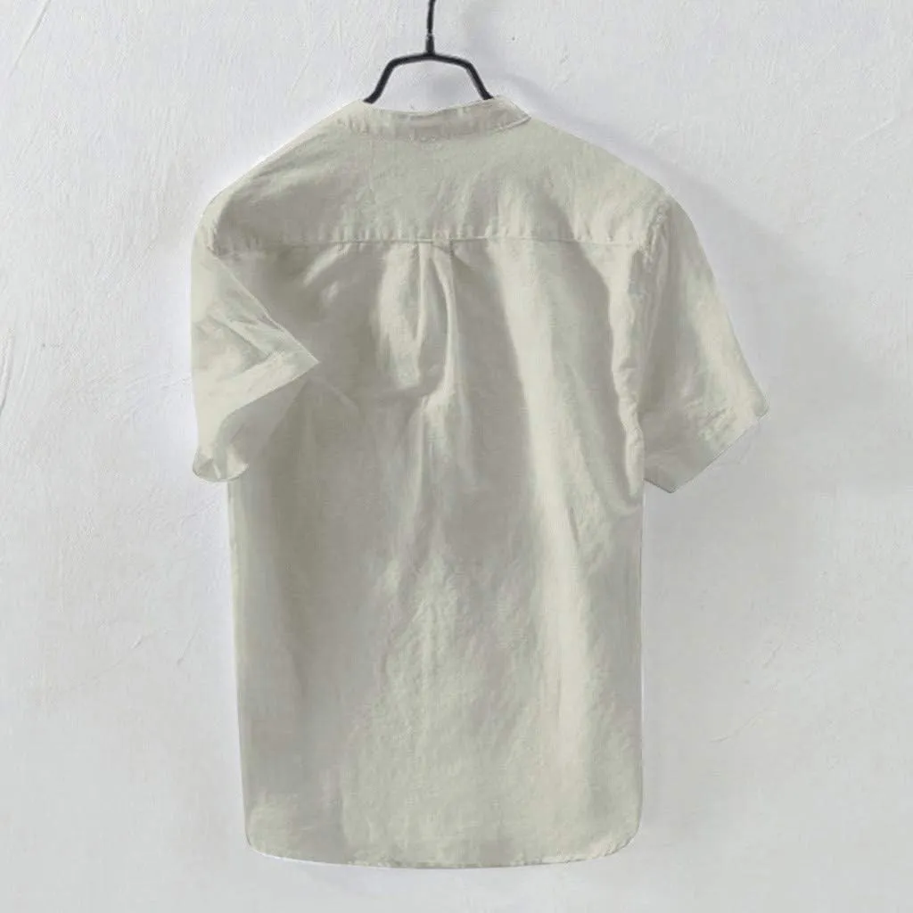 Mens Short Sleeve Linen Shirt Hippie Beach Button Down Shirts Summer Casual Slim Fit Collarless Lightweight Shirts