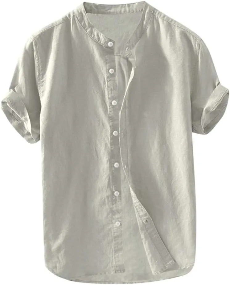 Mens Short Sleeve Linen Shirt Hippie Beach Button Down Shirts Summer Casual Slim Fit Collarless Lightweight Shirts