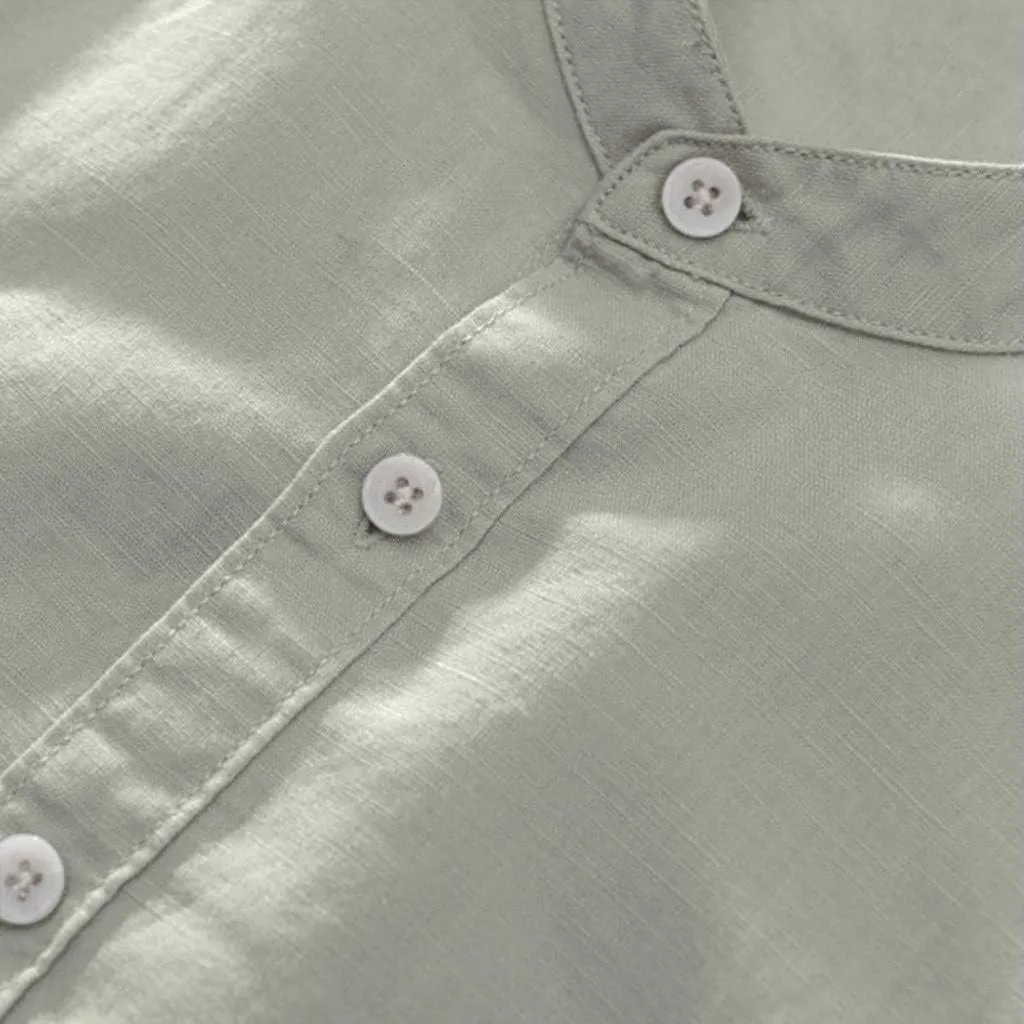 Mens Short Sleeve Linen Shirt Hippie Beach Button Down Shirts Summer Casual Slim Fit Collarless Lightweight Shirts