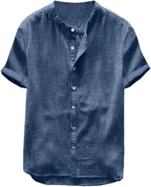 Mens Short Sleeve Linen Shirt Hippie Beach Button Down Shirts Summer Casual Slim Fit Collarless Lightweight Shirts