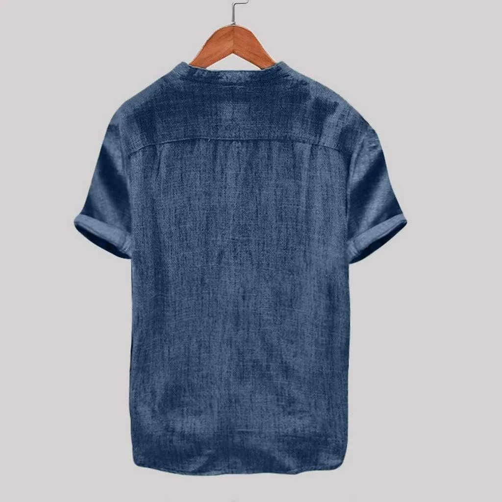 Mens Short Sleeve Linen Shirt Hippie Beach Button Down Shirts Summer Casual Slim Fit Collarless Lightweight Shirts