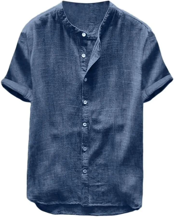 Mens Short Sleeve Linen Shirt Hippie Beach Button Down Shirts Summer Casual Slim Fit Collarless Lightweight Shirts