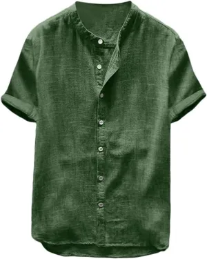 Mens Short Sleeve Linen Shirt Hippie Beach Button Down Shirts Summer Casual Slim Fit Collarless Lightweight Shirts
