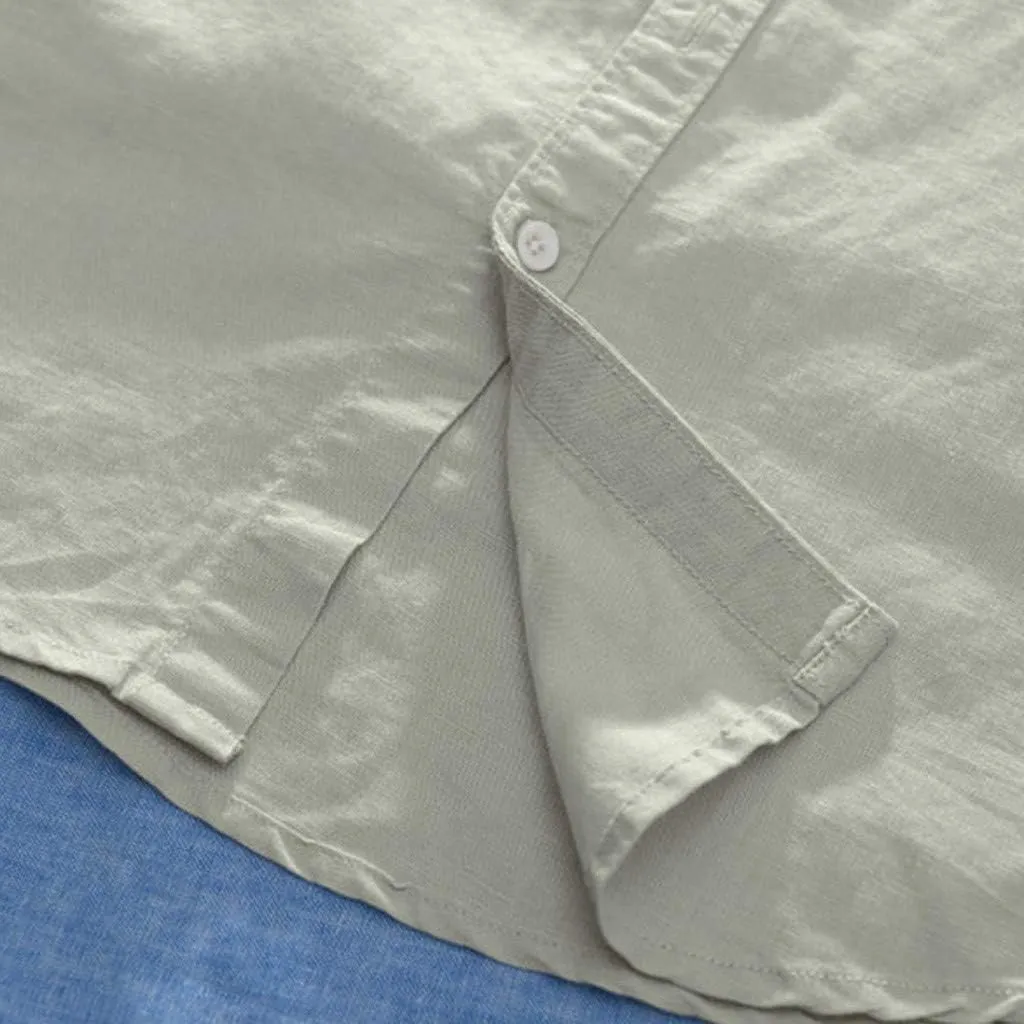 Mens Short Sleeve Linen Shirt Hippie Beach Button Down Shirts Summer Casual Slim Fit Collarless Lightweight Shirts