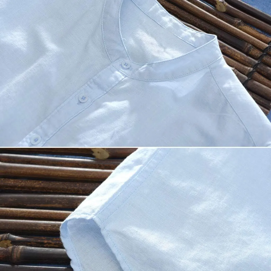 Mens Short Sleeve Linen Shirt Hippie Beach Button Down Shirts Summer Casual Slim Fit Collarless Lightweight Shirts