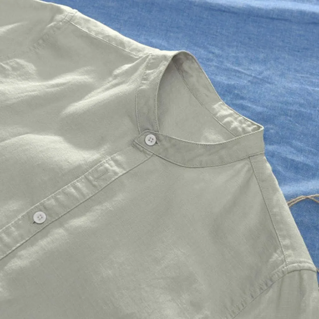 Mens Short Sleeve Linen Shirt Hippie Beach Button Down Shirts Summer Casual Slim Fit Collarless Lightweight Shirts