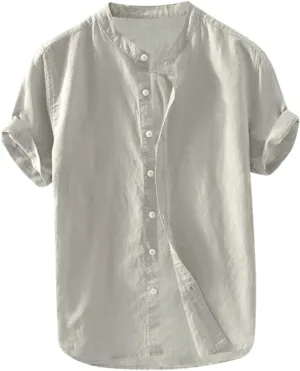 Mens Short Sleeve Linen Shirt Hippie Beach Button Down Shirts Summer Casual Slim Fit Collarless Lightweight Shirts