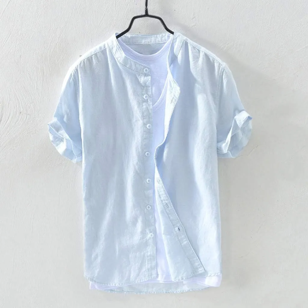 Mens Short Sleeve Linen Shirt Hippie Beach Button Down Shirts Summer Casual Slim Fit Collarless Lightweight Shirts