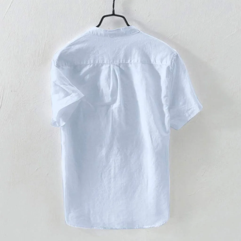 Mens Short Sleeve Linen Shirt Hippie Beach Button Down Shirts Summer Casual Slim Fit Collarless Lightweight Shirts