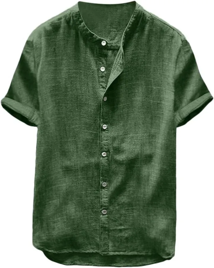 Mens Short Sleeve Linen Shirt Hippie Beach Button Down Shirts Summer Casual Slim Fit Collarless Lightweight Shirts