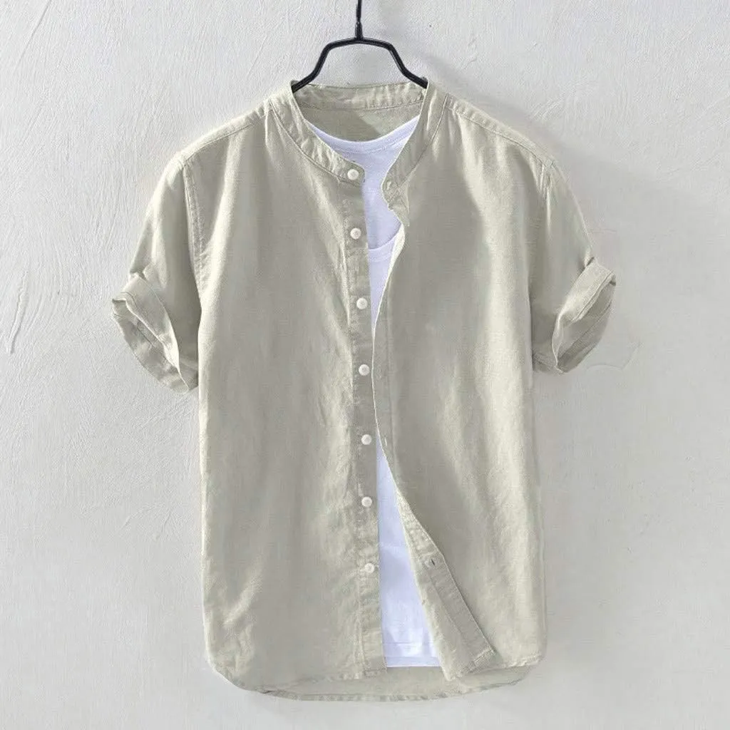 Mens Short Sleeve Linen Shirt Hippie Beach Button Down Shirts Summer Casual Slim Fit Collarless Lightweight Shirts