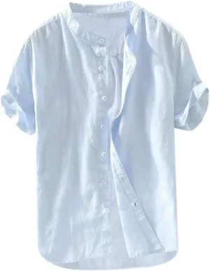Mens Short Sleeve Linen Shirt Hippie Beach Button Down Shirts Summer Casual Slim Fit Collarless Lightweight Shirts