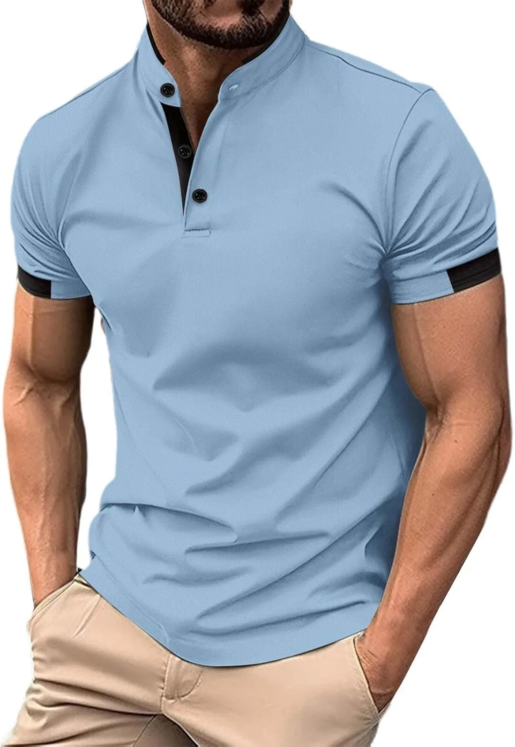 Mens Short Sleeve Polo Shirt Summer Casual Band Collar Tops Henley Shirts 2024 Fashion Classic Collarless Golf Shirts